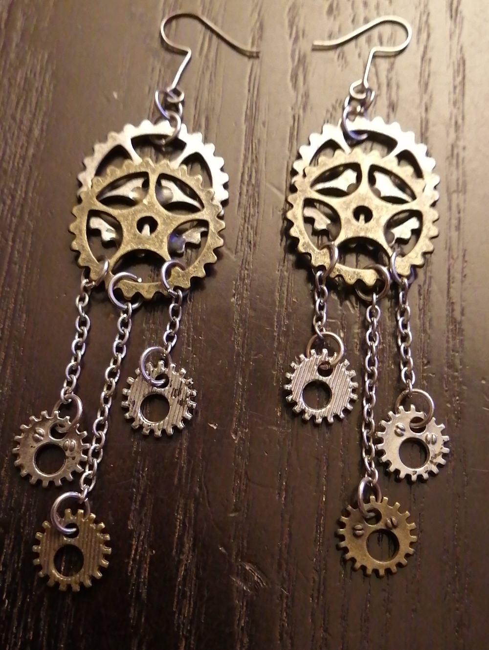 Steampunk Gear Dangle Earrings - Brass and Silver Tone